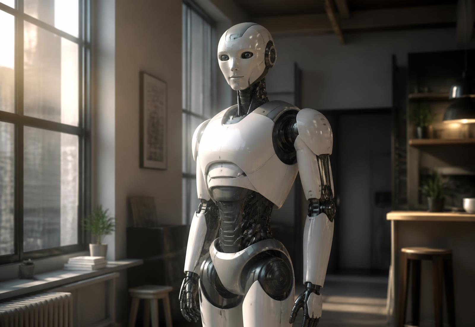 Humanoider Roboter steht in einem hellen Raum am Fenster